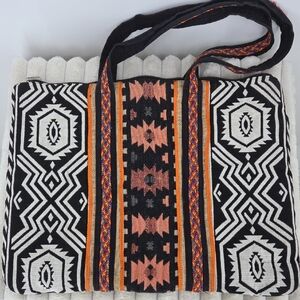 Handwoven Black & Pink Geometric Tote Bag with Orange Accents